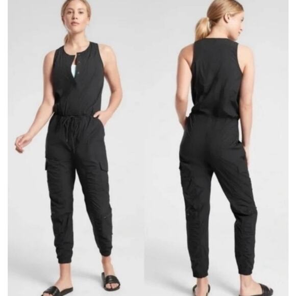 Athleta Canopy Parachute Romper Jumpsuit Black Sleeveless Cargo Jogger Size 0 - Picture 1 of 9